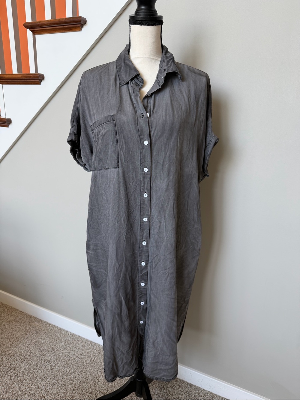 Lightweight Button-Front Midi Shirt Dress in Gray